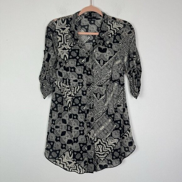 Style & Co Black Off White Button Up 3/4 Roll Tab Sleeve Top Stretch Size Small - Picture 1 of 8